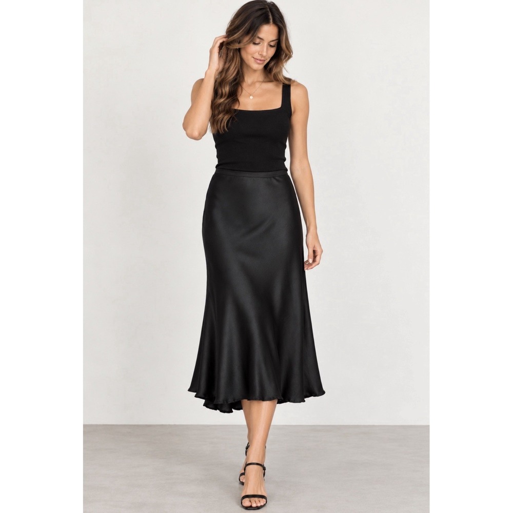 NEW! Abercrombie & Fitch Satin Slip Midi Skirt Black SZ M